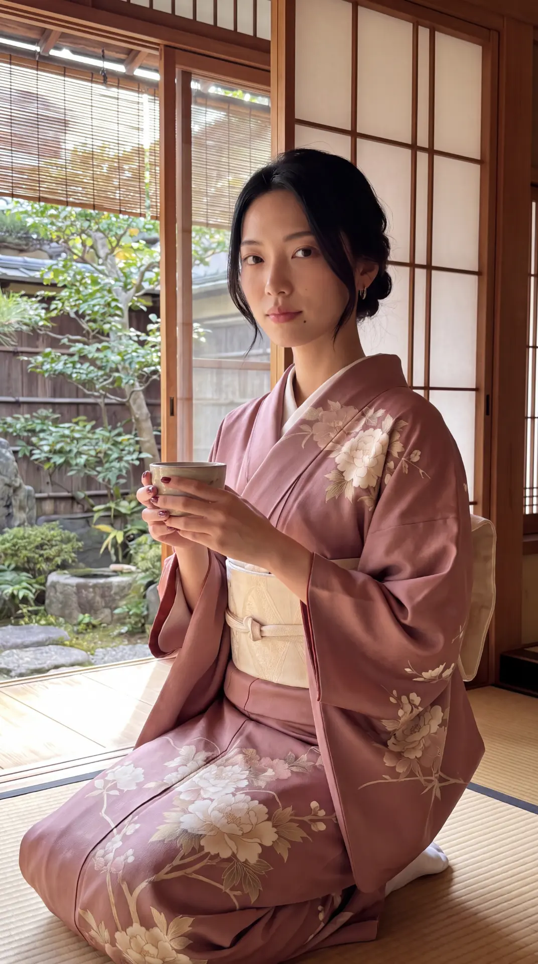 Nao kneeling with a tea bowl in a tatami room